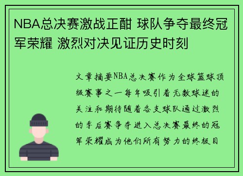 NBA总决赛激战正酣 球队争夺最终冠军荣耀 激烈对决见证历史时刻