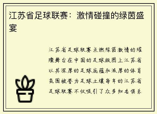 江苏省足球联赛：激情碰撞的绿茵盛宴