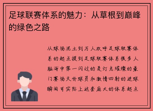 足球联赛体系的魅力：从草根到巅峰的绿色之路