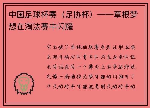 中国足球杯赛（足协杯）——草根梦想在淘汰赛中闪耀