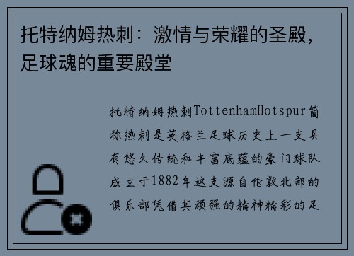 托特纳姆热刺:激情与荣耀的圣殿,足球魂的重要殿堂 托特纳姆热刺:激情与荣耀的圣殿,足球魂的重要殿堂