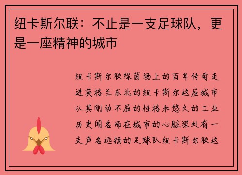 纽卡斯尔联：不止是一支足球队，更是一座精神的城市